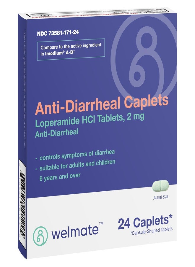 WELMATE - Anti-Diarrheal Caplets (24 Caplets) - Loperamide HCL 2 mg - Diarrhea Symptom Relief - Upset Stomach Reliever - Anti Diarrhea Pills - Over-The-Counter Medication - Image 1